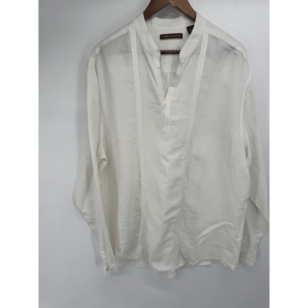 Cubavera XL Linen Long Sleeve Shirt Mens Popover White Embroidered beachy - Picture 2 of 11